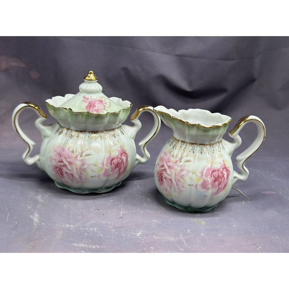 Nippon Cream & Lidded Sugar Cabbage Rose Floral Pattern Gold